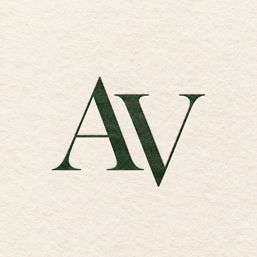 AV monogram for Aiden Venghaus Photography, in forest green on ivory paper