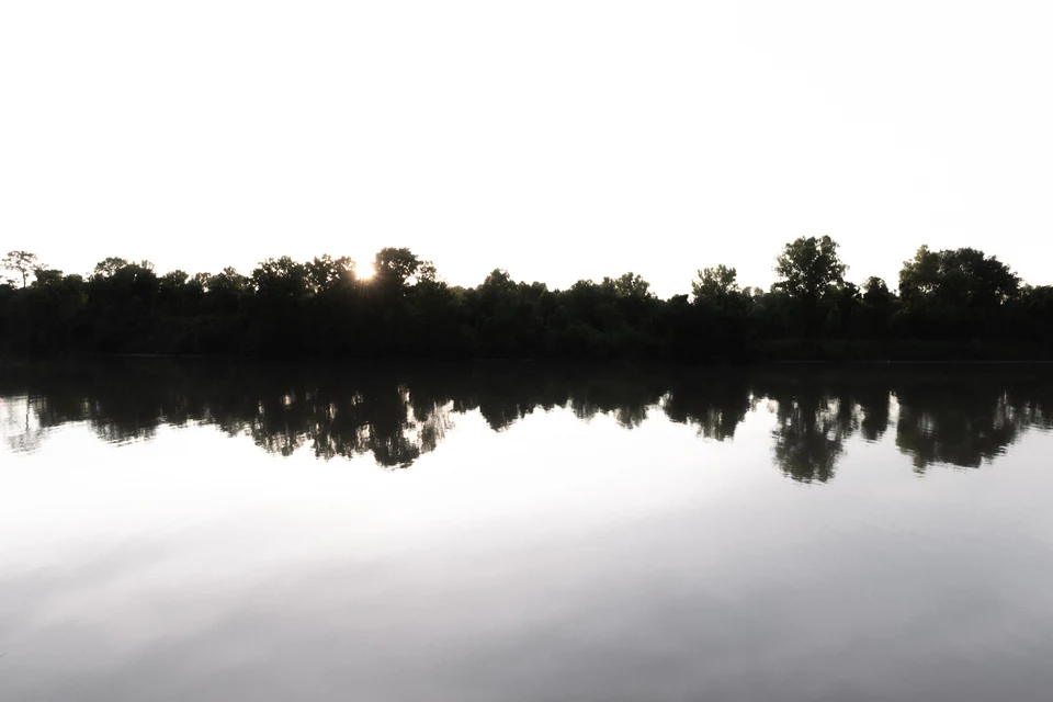 A dark treeline reflects across a smooth, pale lake.