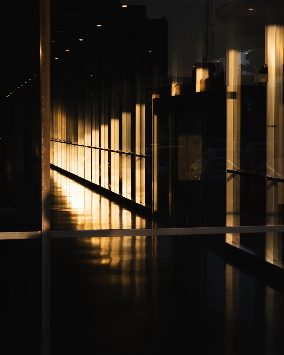 A slant of golden light illuminates a dark glass corridor.