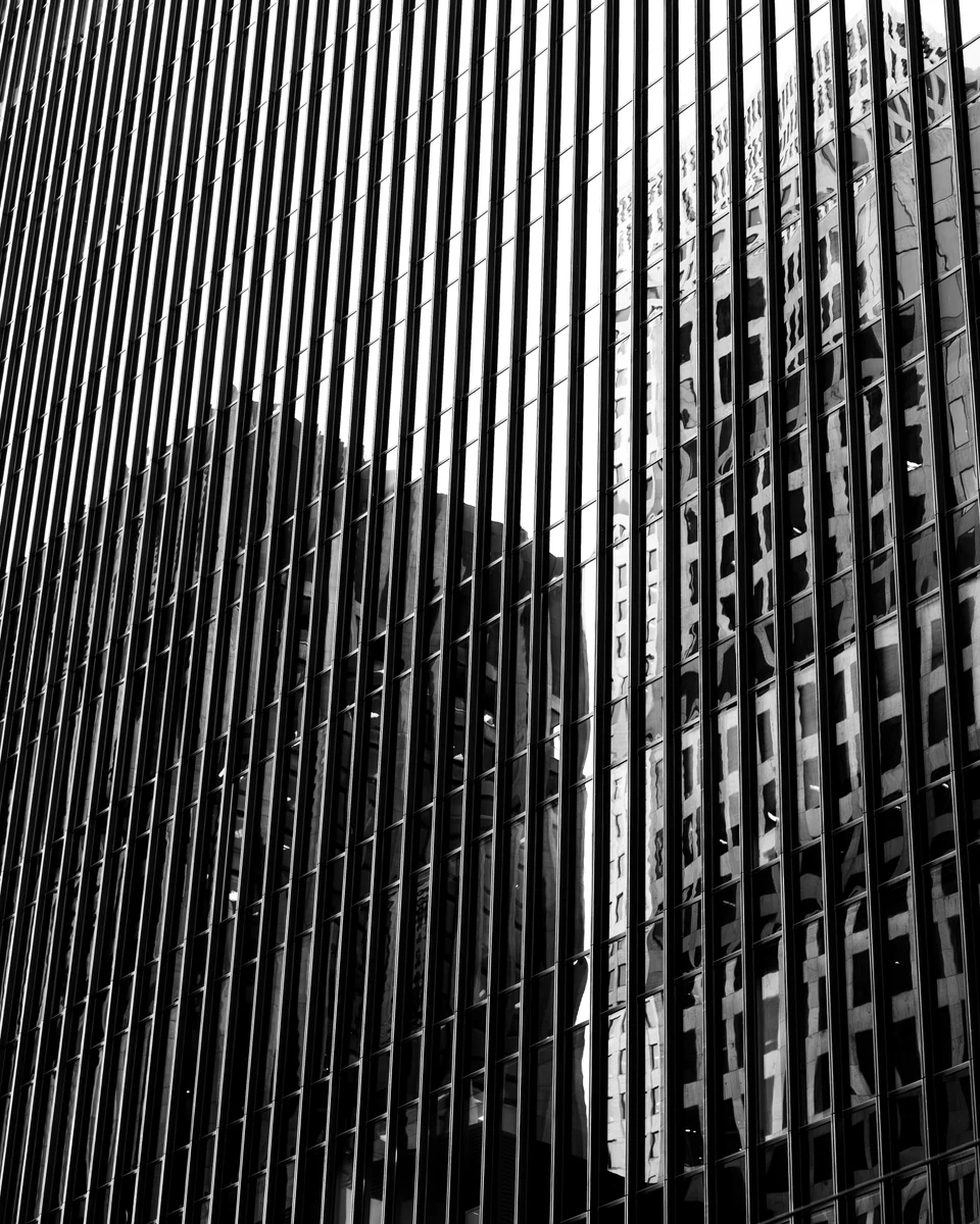 Repeated vertical lines and fractured reflections form a high-contrast black-and-white pattern across a glass facade.